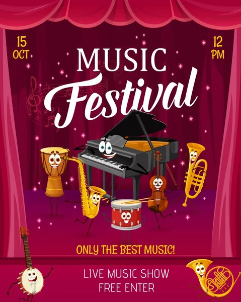 音楽祭パーティーフライヤー ステージ上の漫画楽器の文字 面白いグランドピアノ ジェムドラム トランペットとフランスのホルンとベクトルポスター ヴァイオリン バンジョー サックス奏者 — ストックベクタ