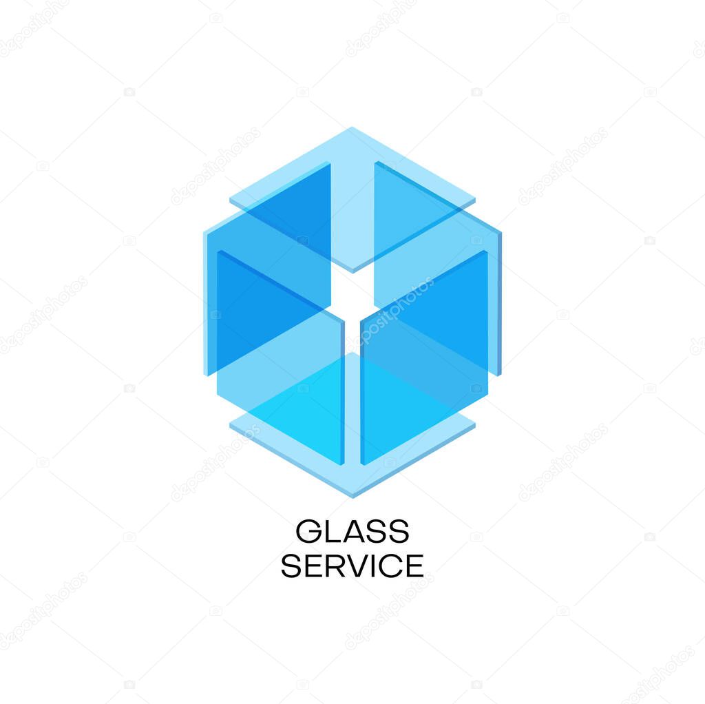 Glass icon, window company or building service business, vector blue glass cube. Corporate icon of technology and house construction or home glass window repair and installation, crystal glass symbol