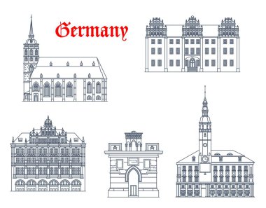 Almanya, Bautzen ve Gorlitz mimari binaları, vektör seyahat yerleri. St. Peter Katedrali, Ortenburg Şatosu, Rathaus Belediye Binası ve Kutsal Mezar Anıtı 'nın Alman Saksonya binaları.