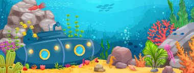 Underwater landscape with sunken submarine or bathyscaphe. Cartoon vector nautical game level with boat lying on ocean bottom with seaweeds, corals, marine animals. Undersea world background with sub clipart