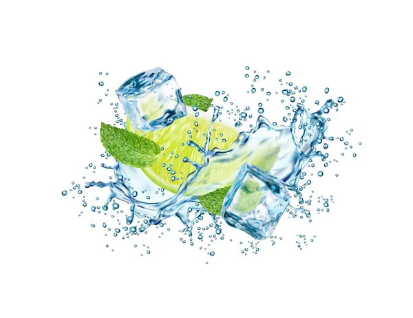 Mojito Trinken Wasserwelle Mit Limette Eiswürfeln Und Minzblättern Bespritzen Vektorwirbel — Stockvektor