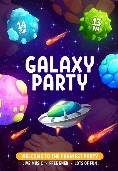 Galaxis Party Szórólap Rajzfilm Ufo Csészealj Űrben Táj Bolygók Csillagok — Stock Vector