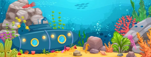Paisagem Subaquática Com Submarino Afundado Bathyscaphe Cartoon Vetor Náutico Nível — Vetor de Stock