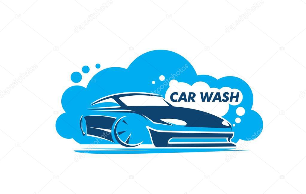 Car wash service, automobile detailing workshop icon. Vehicle cleaning and washing garage station, carwash service graphing icon or symbol with modern supercar, sport coupe in shampoo foam bubbles