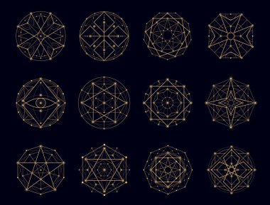Kutsal geometri esrarengiz, büyü, simya sembolleri. Efsane ve meditasyon, pentagram ve ruhani dövme şekilleri. İlluminati okült, mistik ya da dini soyut geometrik çizgi vektörü altın işaretler
