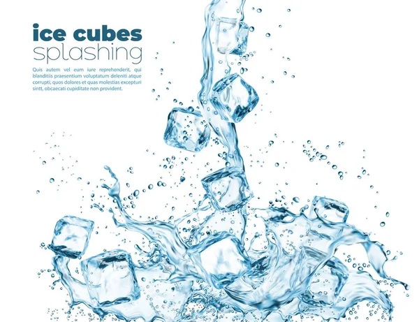 Blue Water Wave Cascade Splash Ice Crystal Cubes Vector Design — Stock Vector
