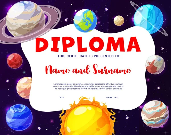 Çocuk Diploması Çizgi Film Güneş Sistemi Uzay Gezegenleri Eğitim Okulu — Stok Vektör