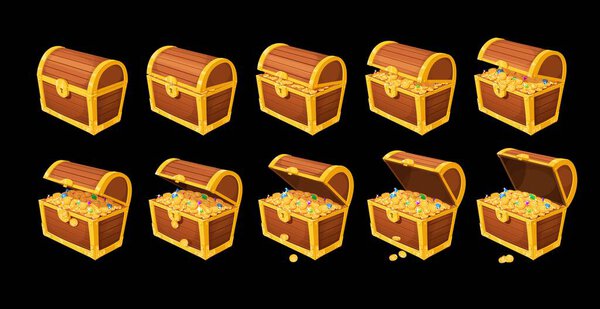 Cartoon treasure chest box animation. Golden coins and gemstones in pirate chest. Old vector wooden casket with gold and gems isolated set. Ancient container with loot opening sprite sheet, game asset