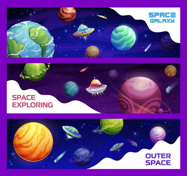 Cartoon Space Planets Ufo Vector Banners Alien Saucers Galaxy Funny — Stock Vector