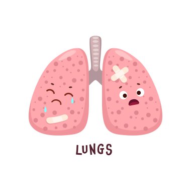 Lungs sick body organ character. Injured and unhealthy organ personage. Human body damage, physiology or medical problem, respiratory system sick and crying lungs organ cartoon personage with patch clipart