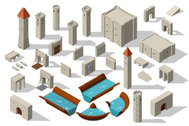 Duvar köprüsü ve hendeği olan Isometric kale kulesi, vektör kale binası. Ortaçağ kale inşaatçısı ya da antik kale ve kale mimarisi surlar, kule ve kapılar.