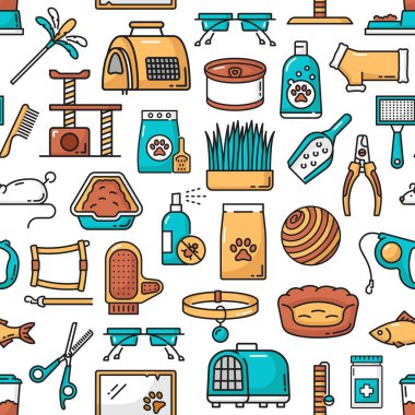 Kedi ve kedi yavrusu bakımı kusursuz tımar, veteriner sağlığı, yiyecek ve oyuncaklar. Evcil hayvan dükkânı malzemeleri ana hatları beslenme kabı, tasma, yatak ve ev, top, taşıyıcı, fırça