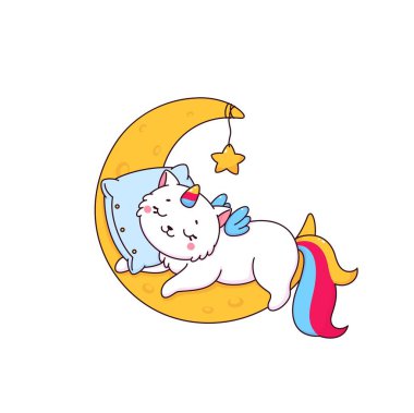 Çizgi film karakteri şirin caticorn karakteri. Renkli gökkuşağı kuyruklu beyaz tek boynuzlu at kedi ayda uyuyor. Boynuzlu komik sihirli kedi yastıklı ve altın yıldızlı hilal üzerinde uyuyor. Kedicik kawaii kişiliği