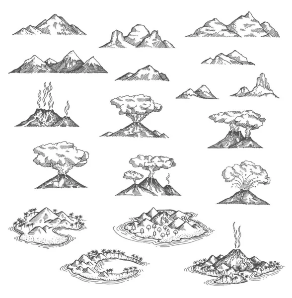 Montanhas Ilha Esboço Vulcânico Elementos Paisagem Mapa Tesouro Vetorial Vulcão —  Vetores de Stock