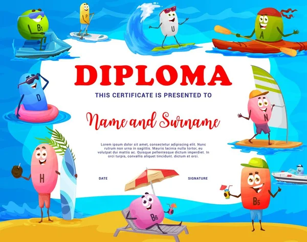 Diploma Niños Personajes Dibujos Animados Vitamina Las Vacaciones Verano Certificado — Archivo Imágenes Vectoriales