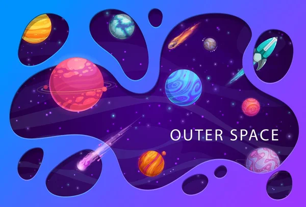 Papercut Space Landscape Cartoon Galaxy Planets Rocket Space Travel Alien — Stock Vector