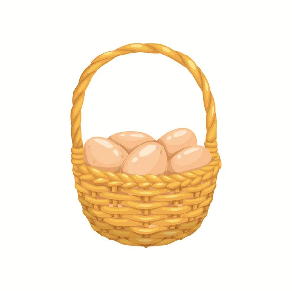 Cartoon Chicken Eggs Basket Isolated Vector Wicker Pottle Pile Fresh — Stock Vector