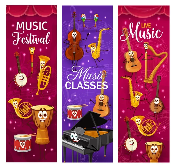 Cartoon Musical Instrument Characters Live Music Festival Party School Vector — Stock Vector