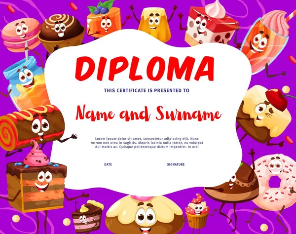 Crianças Diploma Desenhos Animados Sobremesas Padaria Doces Personagens Modelo Quadro — Vetor de Stock