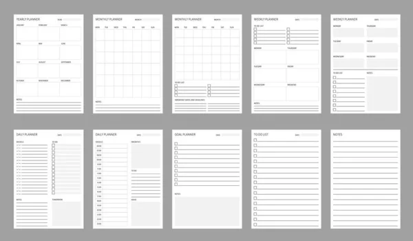 计划的时间表 时间组织和管理可打印时间表向量模板 年月日日历 空白时间表 工作或每周或每日计划者与待办事项 — 图库矢量图片