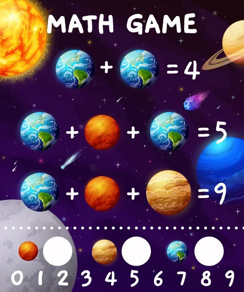 Juego Matemáticas Planetas Espaciales Dibujos Animados Estrellas Juego Matemáticas Para — Vector de stock