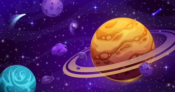 Cartoon Galaxy Space Landscape Vector Cosmic Background Saturn Moon Alien — Stock Vector