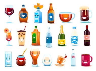 Cartoon cheerful drinks and beverage characters. Isolated vector wine glass, rum, mexican tequila and foamy beer tankard. Coffee or tea cup, bubble cocktail, milk, champagne, pulque and water clipart