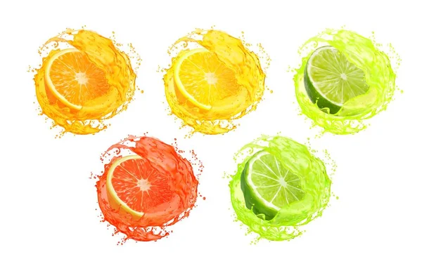Citron Apelsin Lime Grapefrukt Och Bergamotjuice Med Stänk Citrusfruktskivor Med — Stock vektor