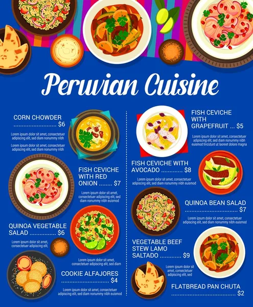 秘鲁菜菜单上有病媒鱼 肉和蔬菜食物 海鲜驱逐和牛肉炖肉 配上扁平面包和奎诺亚沙拉 玉米片和奶油三明治饼干 — 图库矢量图片