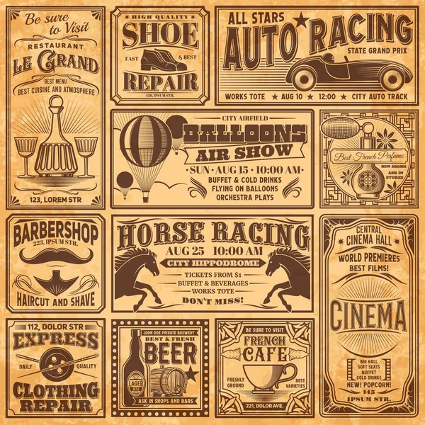 Vintage Newspaper Banners Old Advertising Barbershop Cinema Air Balloon Show — Stock Vector