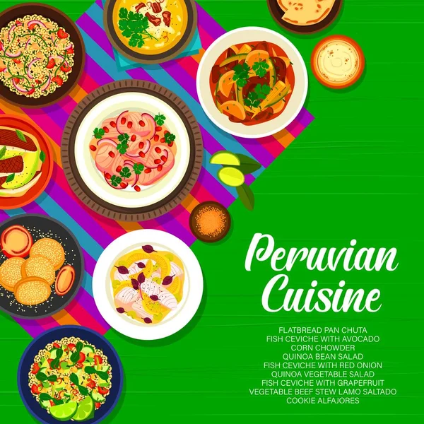 Menu Cucina Peruviana Copertura Con Cibo Tradizionale Del Perù Ceviche — Vettoriale Stock