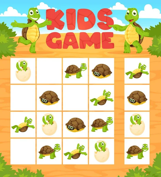 Dzieciaki Sudoku Grają Żółwie Kreskówki Wesoły Żółw Postaci Zwierząt Dzieci — Wektor stockowy