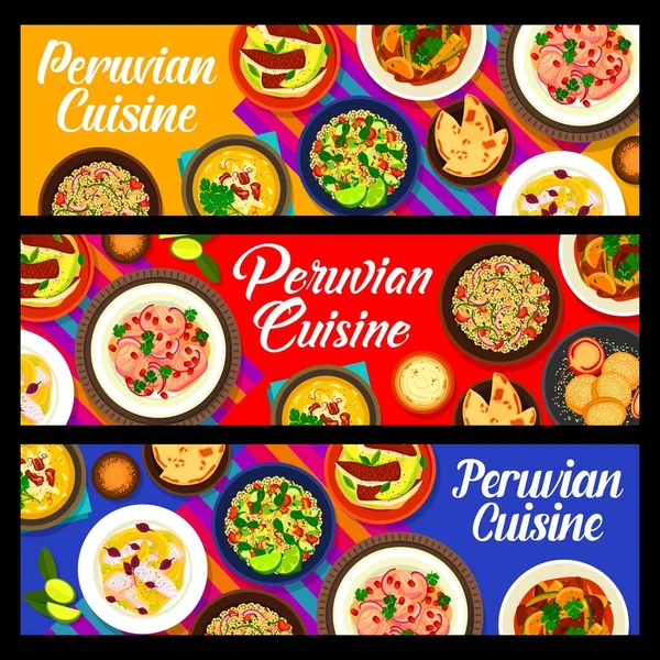 Peruvian Cuisine Meals Vector Banners Meat Vegetable Stew Fish Ceviche — Stock Vector