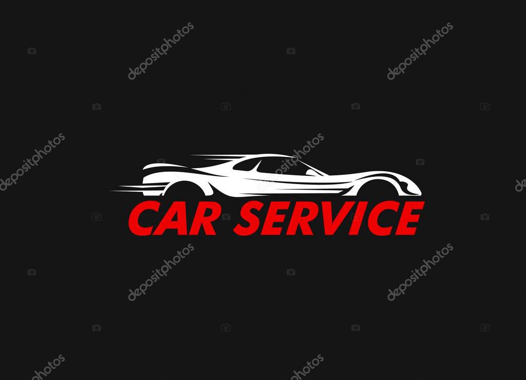 Car repair service icon. Vehicle maintenance, classic car restoration and repair mechanic workshop or garage station vector symbol, graphic icon or pictogram with fast moving sport coupe silhouette