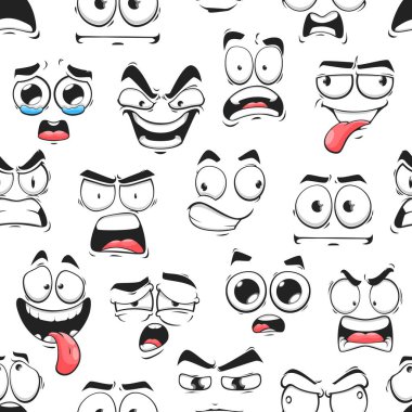 Çizgi film emojisi kusursuz bir şekille karşı karşıya. Kötü, korkmuş ve aptal, şaşırmış, ağlayan ve gülen yüz ifadeleri kusursuz arka plan ya da duvar kağıdı. Tekstil ya da ambalaj kağıdı komik baskı ya da arkaplan