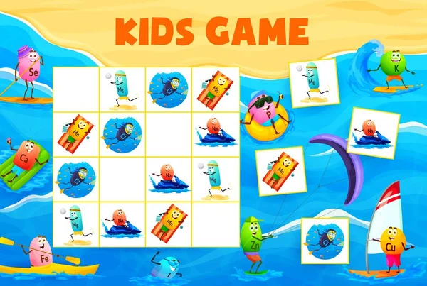 Sudoku Game Cartoon Vitamin Mineral Characters Beach Vacation Kids Vector — Vettoriale Stock