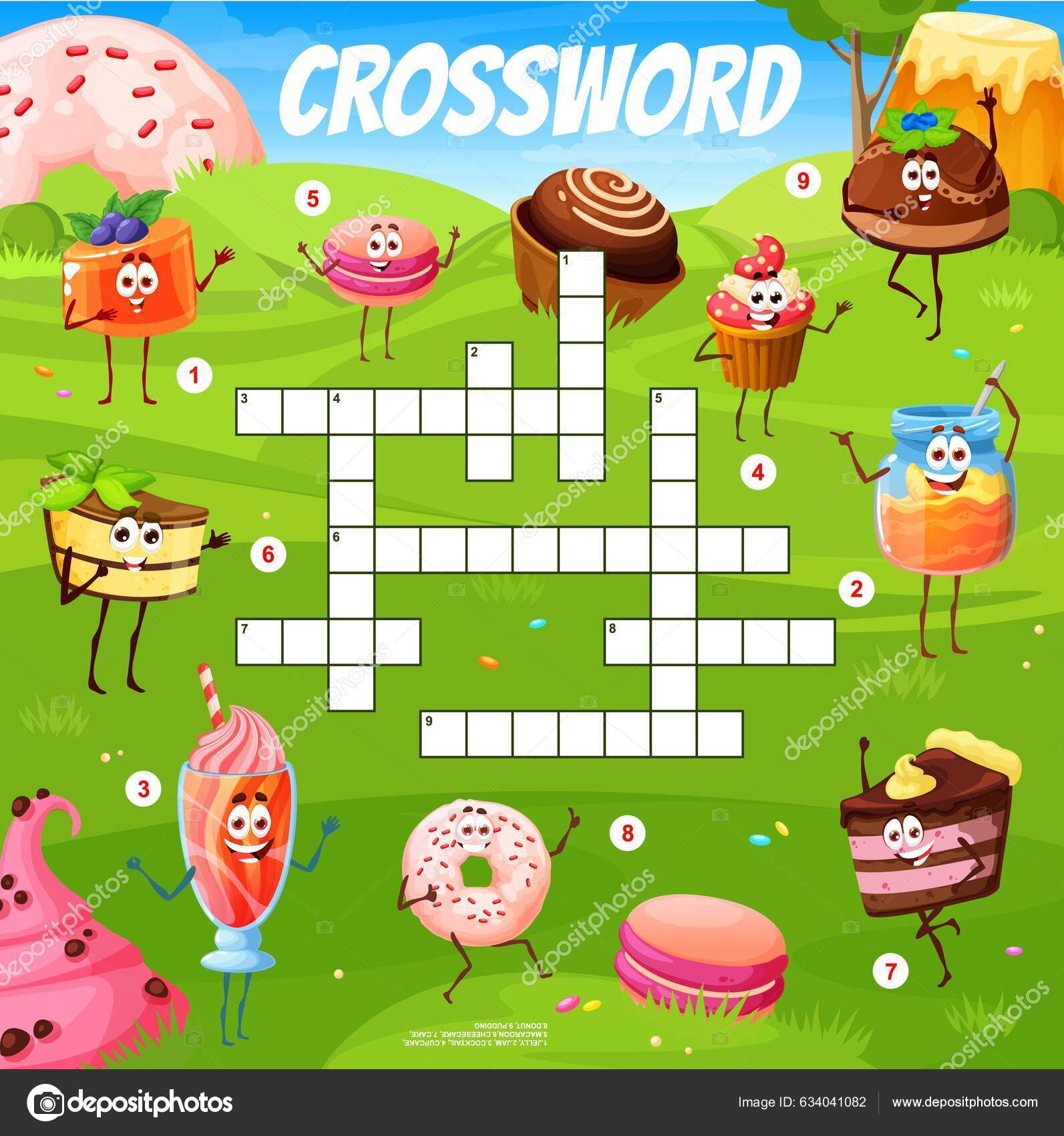 Crossword Quiz Game Grid Cartoon Sweets Desserts Cake Characters Green