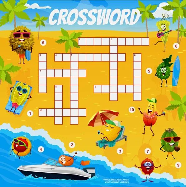 Cartoon Fruits Characters Summer Beach Crossword Quiz Game Vector Grid — Vettoriale Stock