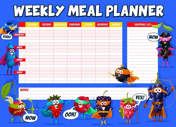 Weekly Meal Planner Cartoon Superhero Berry Characters Vector Food Timetable — Vector de stock