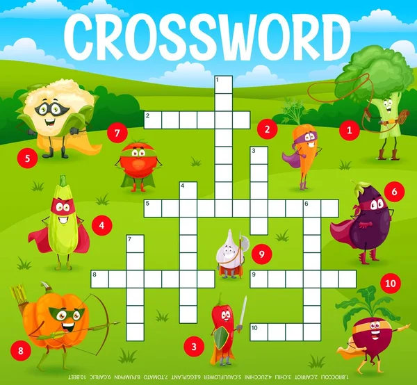 Crossword Grid Cartoon Vegetable Superhero Characters Vector Quiz Game Kids — Image vectorielle