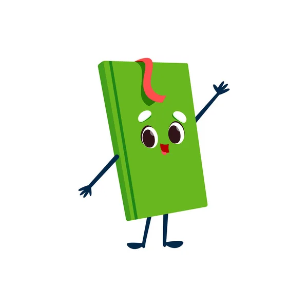 Cartoon Green Book Character Hard Cover Bookmark Cute Vector Textbook — Vetor de Stock