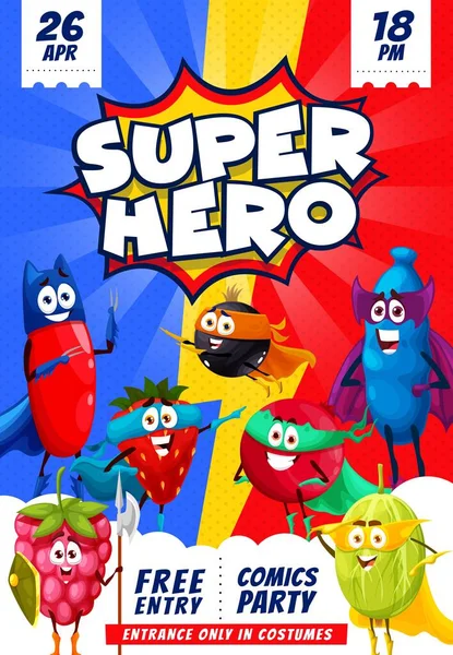 Cartoon Superhero Berry Characters Retro Flyer Vector Invitation Poster Costume — Stock Vector