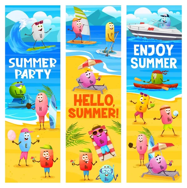 夏のパーティー ビーチ休暇中の陽気な漫画ビタミンキャラクター 栄養カプセルの楽しい海辺のベクトルバナー B12 海の薬 — ストックベクタ