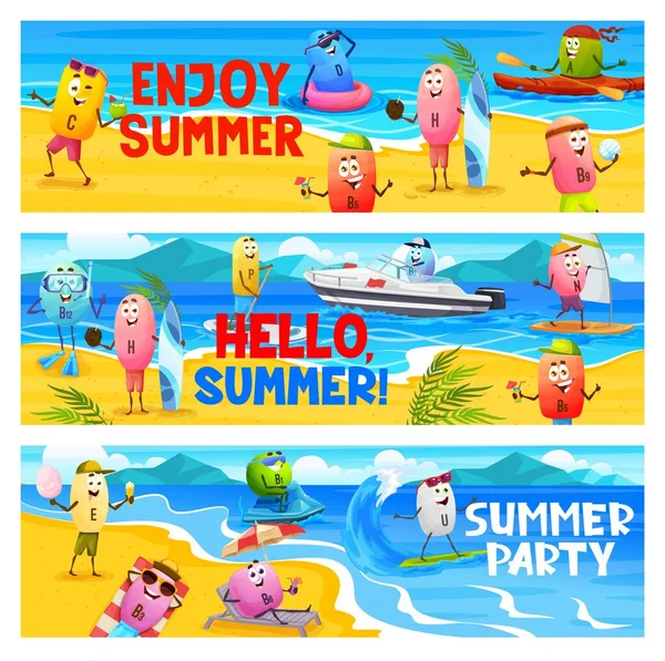 Summer party, cheerful cartoon vitamin characters on beach vacation. H, E, U, B6 and N, P, B3 and B12, C, B9 and A personages playing on ocean shore. Vector banners of water fun recreation