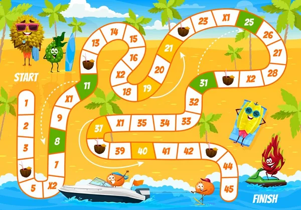 Kids Board Step Game Cartoon Fruits Characters Summer Beach Vector — Stock Vector