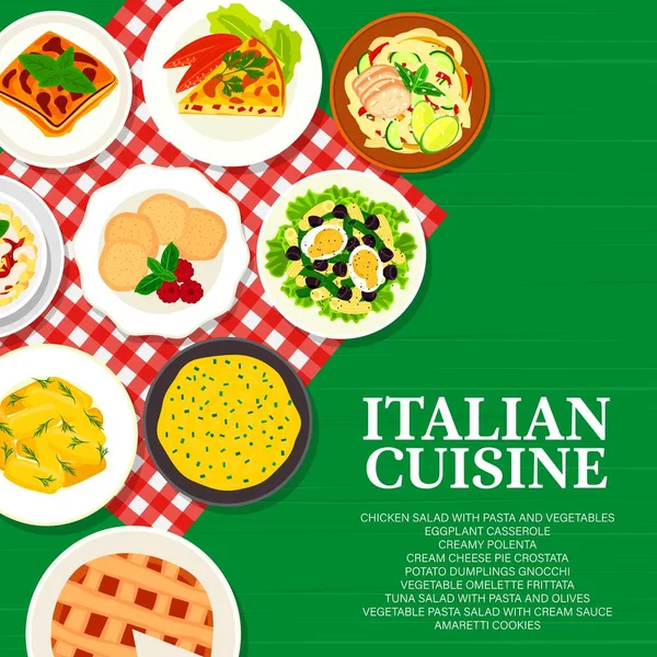 Italian Cuisine Menu Cover Vector Chicken Salad Pasta Vegetables Cream — Stockvector