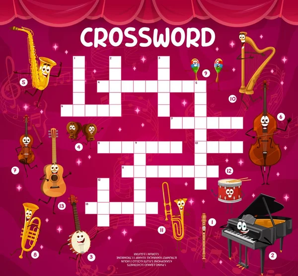Crossword Quiz Grid Cartoon Musical Instrument Characters Vector Game Worksheet — Wektor stockowy