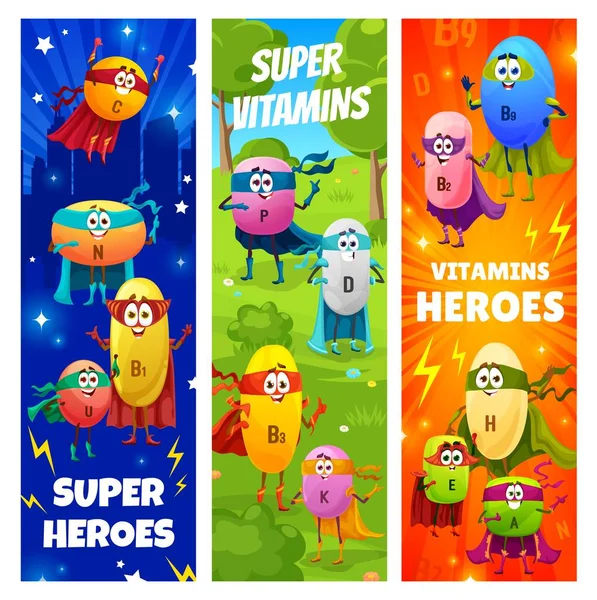 漫画陽気なスーパーヒーロービタミンキャラクター ヒーローC B3またはKとベクトルバナーB2 Eとスーパーヒーローの擁護者 医療用薬の人はケープとマスクを着用 — ストックベクタ