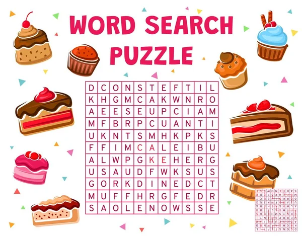 ケーキ カップケーキ 単語検索パズルゲーム ベクトルワークシート 菓子のデザートやベーカリーケーキ チーズケーキやマフィンとスフレとプリンの単語を検索し 検索するクイズ謎グリッド — ストックベクタ