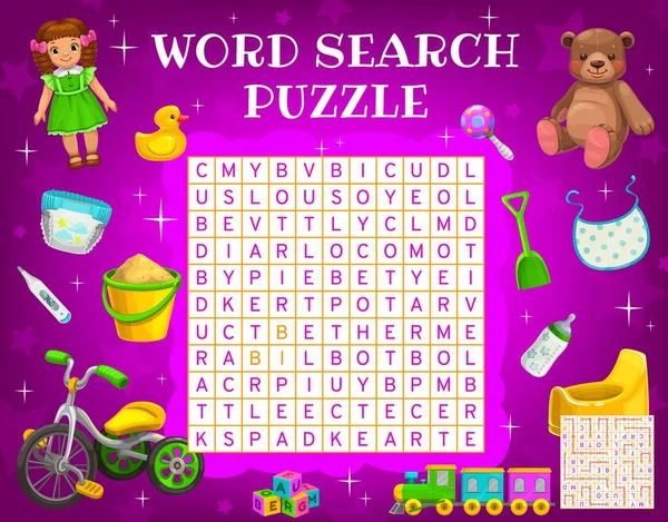 Cartoon Kids Accessories Toys Word Search Puzzle Game Worksheet Vector — Vector de stock